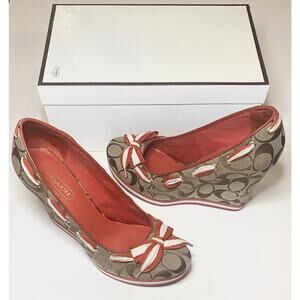 Women's Coach Tena Signature “C” Wedge Heels Khaki & Red With Ribbon 8.5M Shoes